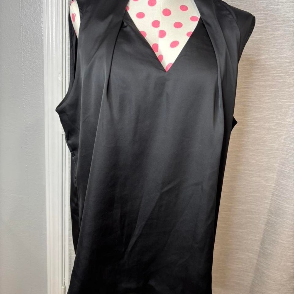 Dana Buchman black silk blouse with V-neck and tie back. Size XL